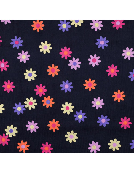 Tessuto velluto a coste fantasia - Fiori su sfondo blu navy