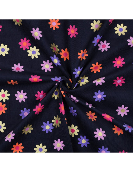 Tessuto velluto a coste fantasia - Fiori su sfondo blu navy