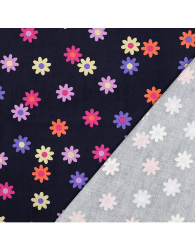 Tessuto velluto a coste fantasia - Fiori su sfondo blu navy