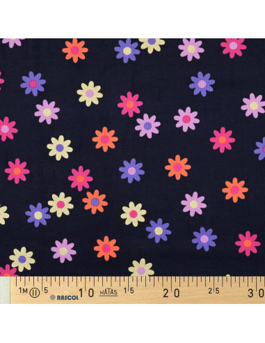 Tessuto velluto a coste fantasia - Fiori su sfondo blu navy