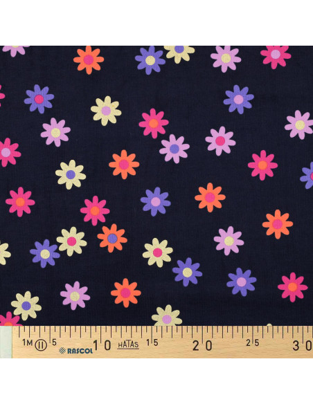 Tessuto velluto a coste fantasia - Fiori su sfondo blu navy