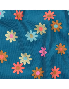Tessuto velluto a coste fantasia - Fiori su sfondo blu petrolio