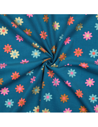 Tessuto velluto a coste fantasia - Fiori su sfondo blu petrolio