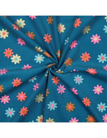 Tessuto velluto a coste fantasia - Fiori su sfondo blu petrolio