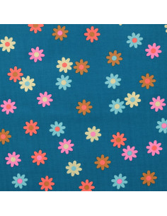 Tessuto velluto a coste fantasia - Fiori su sfondo blu petrolio 2