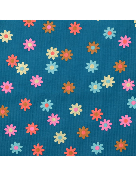 Tessuto velluto a coste fantasia - Fiori su sfondo blu petrolio