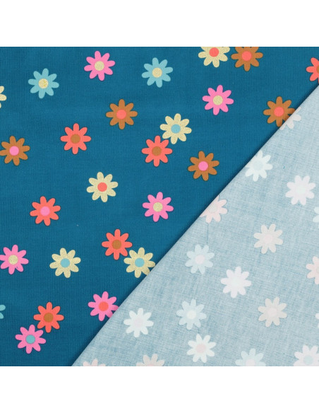 Tessuto velluto a coste fantasia - Fiori su sfondo blu petrolio