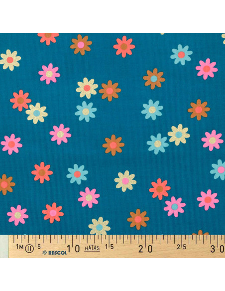 Tessuto velluto a coste fantasia - Fiori su sfondo blu petrolio