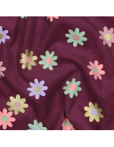 Tessuto velluto a coste fantasia - Fiori su sfondo bordeaux