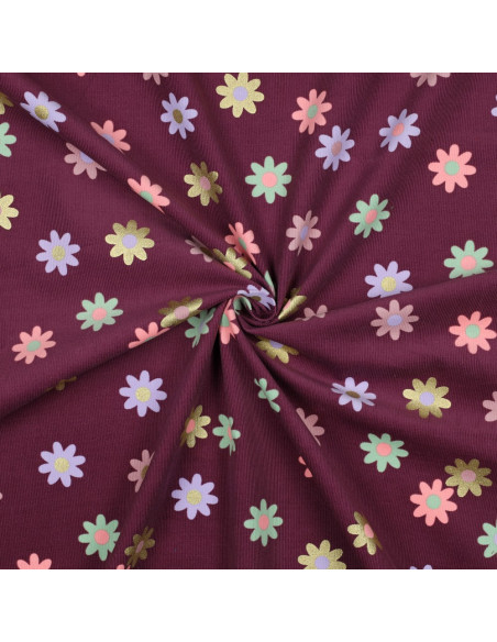 Tessuto velluto a coste fantasia - Fiori su sfondo bordeaux