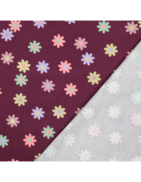 Tessuto velluto a coste fantasia - Fiori su sfondo bordeaux