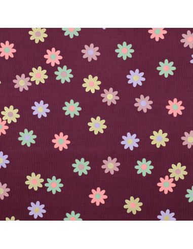 Tessuto velluto a coste fantasia - Fiori su sfondo bordeaux