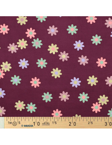 Tessuto velluto a coste fantasia - Fiori su sfondo bordeaux