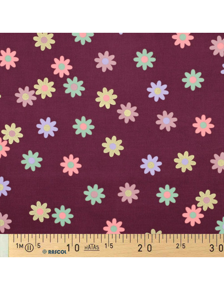 Tessuto velluto a coste fantasia - Fiori su sfondo bordeaux
