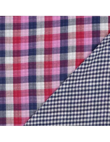 Tessuto doppia garza di cotone a quadri - Lilla e blu navy