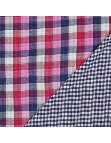Tessuto doppia garza di cotone a quadri - Lilla e blu navy