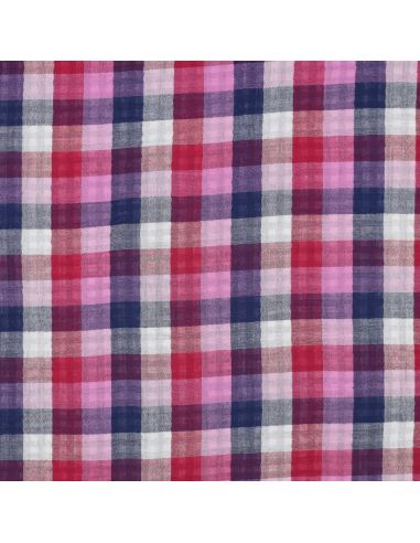 Tessuto doppia garza di cotone a quadri - Lilla e blu navy