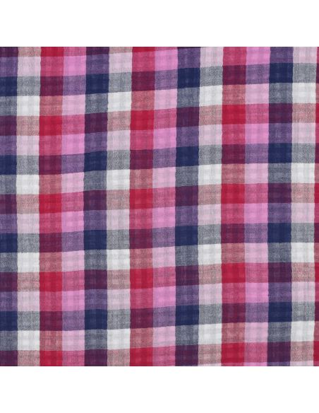 Tessuto doppia garza di cotone a quadri - Lilla e blu navy