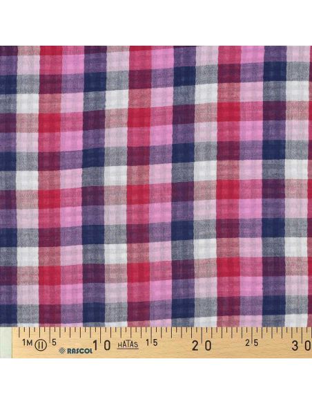 Tessuto doppia garza di cotone a quadri - Lilla e blu navy