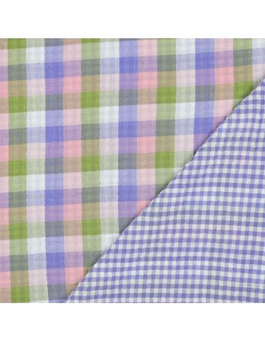 Tessuto doppia garza di cotone a quadri - Rosa e lavanda