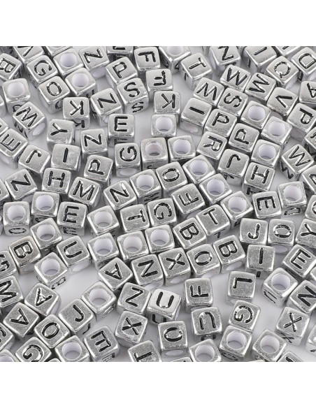 Sacchetto di 100 perline quadrate argento - Lettere nere