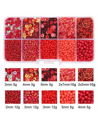 Scatola 80 gr perline di vetro e paillettes - Rosso