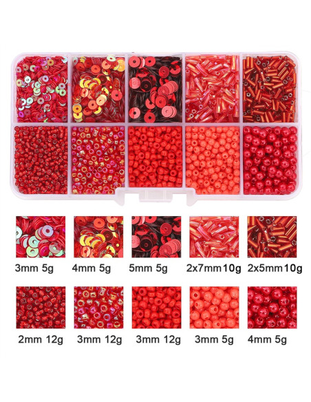 Scatola 80 gr perline di vetro e paillettes - Rosso