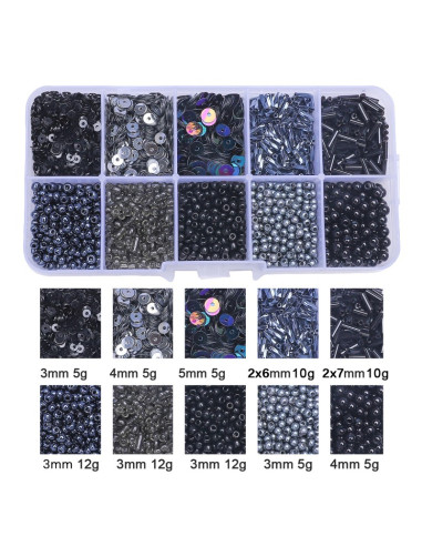 Scatola 80 gr perline di vetro e paillettes - Nero