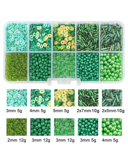 Scatola 80 gr perline di vetro e paillettes - Verde scuro