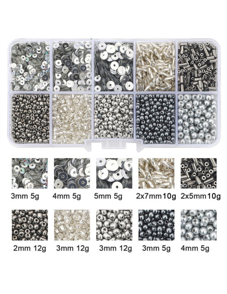 Scatola 80 gr perline di vetro e paillettes - Argento