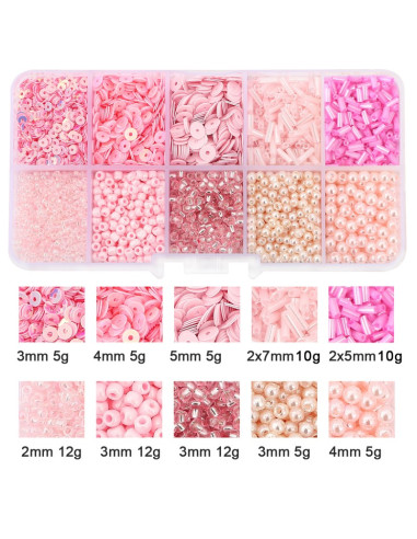 Scatola 80 gr perline di vetro e paillettes - Rosa