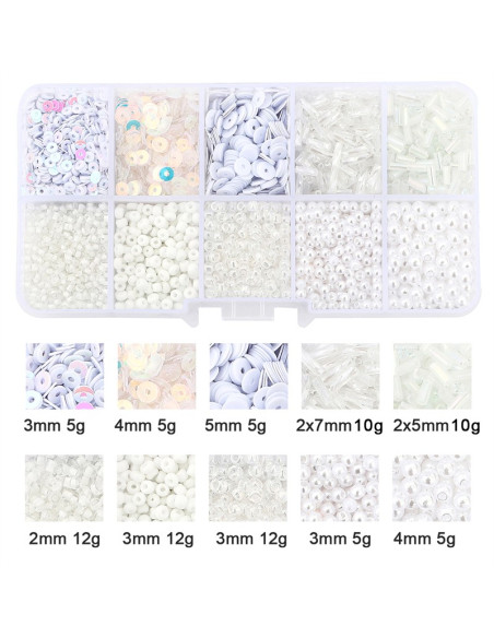 Scatola 80 gr perline di vetro e paillettes - Bianco