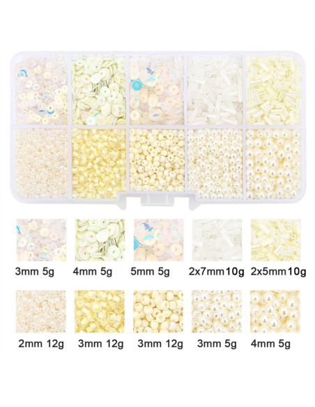 Scatola 80 gr perline di vetro e paillettes - Avorio