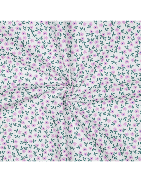 Tessuto popeline di cotone - Fiori rosa su sfondo bianco