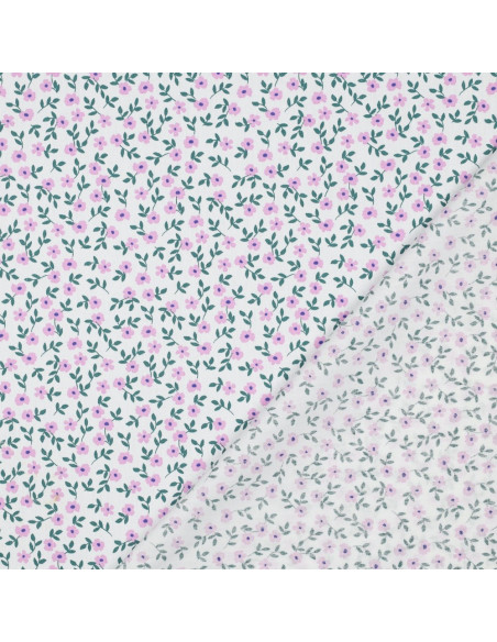 Tessuto popeline di cotone - Fiori rosa su sfondo bianco