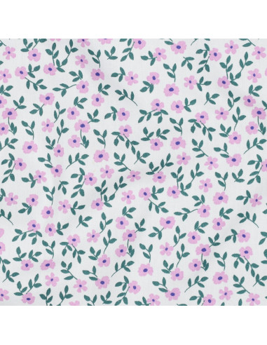 Tessuto popeline di cotone - Fiori rosa su sfondo bianco