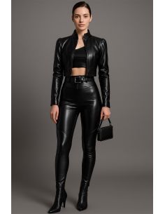 Tessuto similpelle stretch lucido per abbigliamento - Nero 2