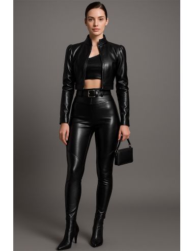 Tessuto similpelle stretch lucido per abbigliamento - Nero