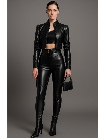 Tessuto similpelle stretch lucido per abbigliamento - Nero