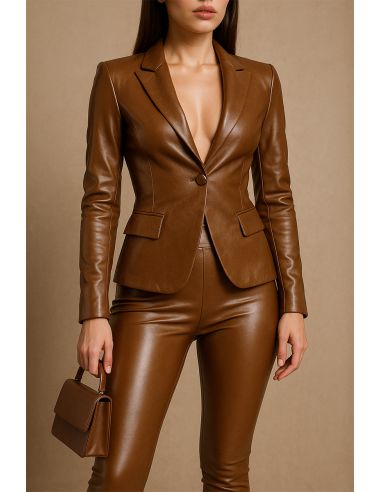 Tessuto similpelle stretch lucido per abbigliamento - Seppia