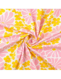 Tessuto jersey fantasia - Fiori anni sessanta gialli e rosa