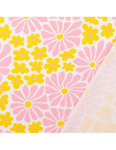 Tessuto jersey fantasia - Fiori anni sessanta gialli e rosa
