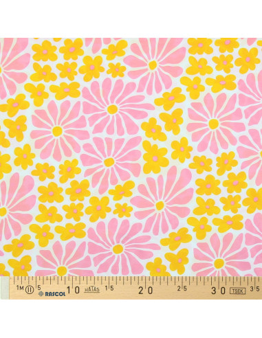 Tessuto jersey fantasia - Fiori anni sessanta gialli e rosa