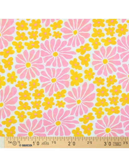 Tessuto jersey fantasia - Fiori anni sessanta gialli e rosa