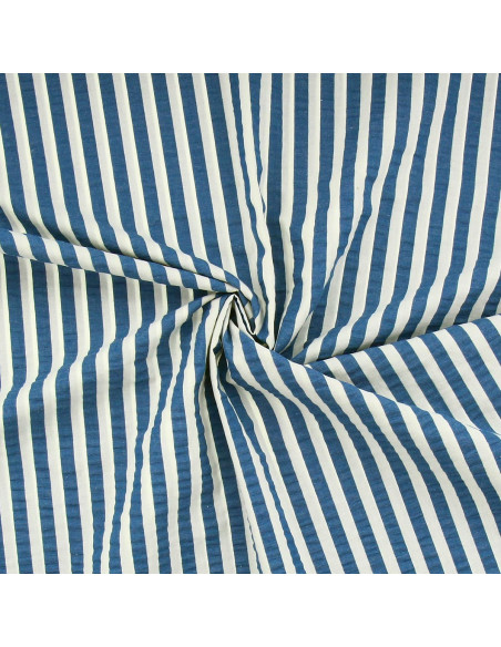 Tessuto Seersucker a righe larghe - Blu jeans e bianco sporco