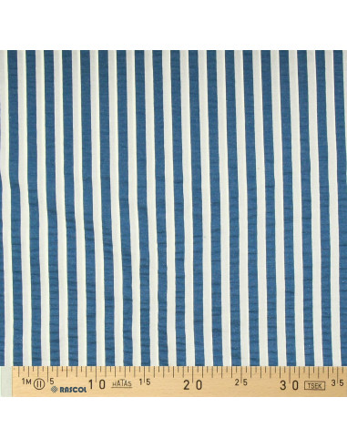 Tessuto Seersucker a righe larghe - Blu jeans e bianco sporco