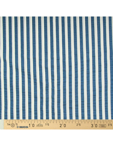 Tessuto Seersucker a righe larghe - Blu jeans e bianco sporco