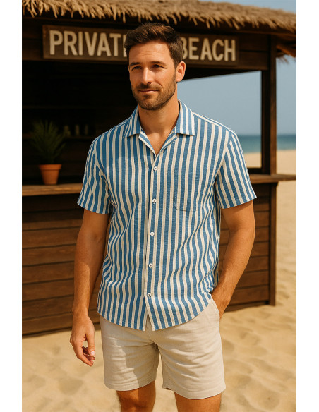 Tessuto Seersucker a righe larghe - Blu jeans e bianco sporco