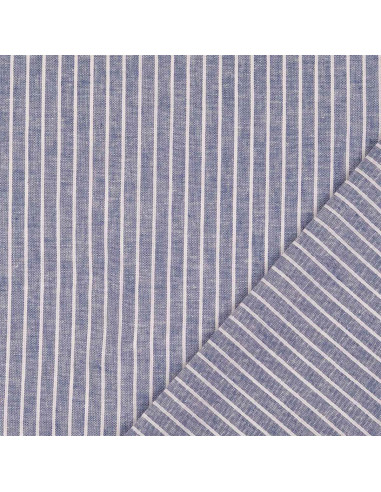 Tessuto lino cotone - Righe sottili - Blu jeans
