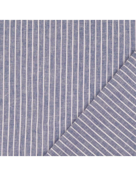 Tessuto lino cotone - Righe sottili - Blu jeans